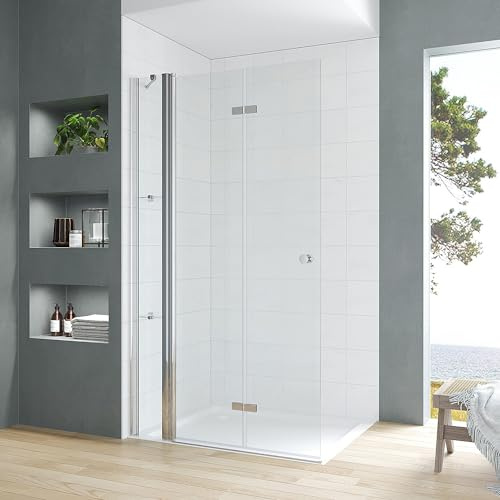 Walk in Duschglas 110 cm Duschabtrennung faltbare Duschwand für Ebenerdige Dusche Duschtür mit Festteil und Eckregalen Falttür Drehfalttür Sicherheitsglas 5 mm klar | Öffnungsseite OHNE Wandprofil