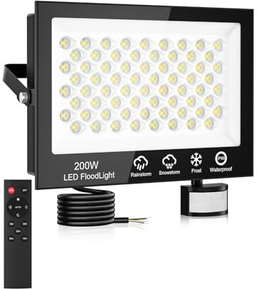 Litglobe Foco LED Exterior con Sensor Movimiento 200W,20000LM Foco Proyector LED con Control Remoto,6500K Blanco Frío Luz LED Exterior,IP66 Impermeable Focos LED Exterior para Jardín Patios Garaje