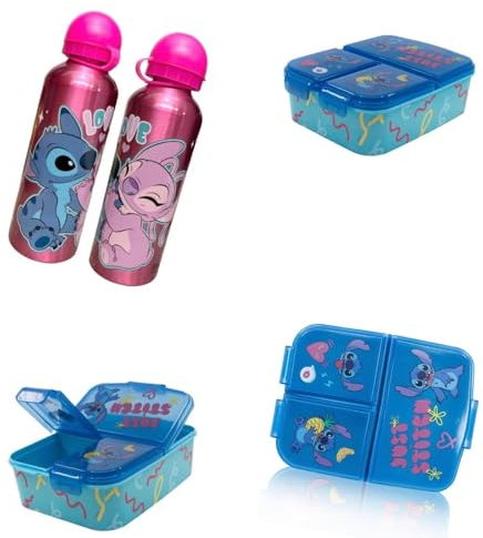 PELLECCHIA 1969 | Set Pranzo Scuola 2 Pezzi | Porta Merenda Scuola con 3 scomparti in Plastica BPA Free e Borraccia Alluminio da 500 ML (Stitch Fan)