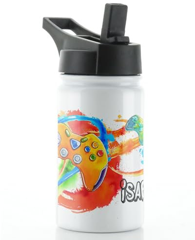 Hairyworm Personalised Water Bottle, 350ml White Sports Flask with Straw Cap Flip Lid, Stainless Steel, Customised with Initial/Name, Orange Gaming Controller Design Print, Drink Bottle