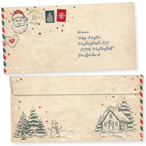 North Pole Air Mail 50 Stück Weihnachtsumschläge Din lang ohne Fenster Umschläge Weihnachten selbstklebend