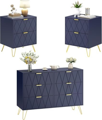 UEV Schlafzimmer Komplett-Set in blau, 3er-Set Schlafzimmermöbel, Kommode mit 6 Schubladen und 2er-Set Nachttisch, Goldene Griffe und Füße, Linienmuster, Skandinavisch für Wohnzimmer, Schlafzimmer