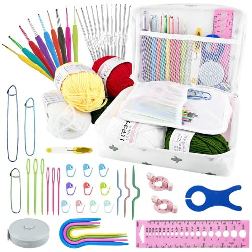 Comzantor Kit de ganchillo de 58 piezas Completo, Kit de punto de ganchillo, bolsa de ganchillo para niños y principiantes