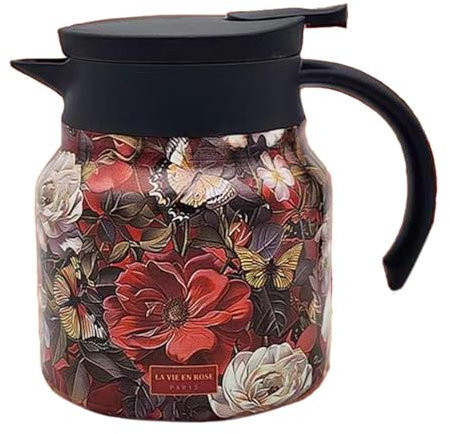 Théière florale de 800 ml - Grande capacité - Infuseur à thé vintage - Motif floral vintage - Théière thermoos - Théière chaude portable en acier inoxydable avec poignée en plastique