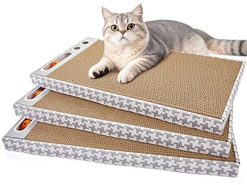 MARKARBARKA Cat Scratching Board 3 Pack – Reversible Cardboard Scratcher for Indoor Cats, Wide Boxed Scratch Pads with Bell Ball, Durable Corrugated scratchers as Furniture Protector
