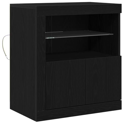 vidaXL Buffet Rectangular Moderno en Roble Negro | Almacenamiento con Puertas con Bisagras | Madera Maciza para Muebles de Comedor Elegante | Estante de Vidrio para Exhibición | Gabinete de Estilo Co