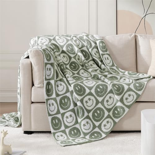 Wrensonge, Karierte Wohndecke mit Seagrass-Smiley-Motiv, weich, kuschelig, flauschig und handgefertigt – ideal für Couch, Sofa, Stuhl, Bett, Camping, Picknick oder Reisen; leichte Tagesdecke, 127 ×