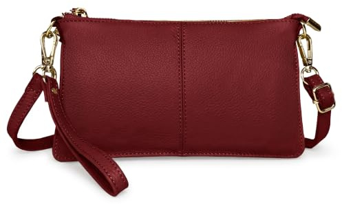 FORRICA Geldbörse Damen Handy Umhängetasche Echte Leder Handytasche Frauen Kleine Schultertasche Rindsleder Clutch Portemonnaie Bordeaux-Rot