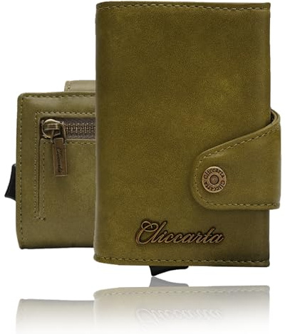 CLICCARTA® Portafoglio Uomo Slim RFID, Porta Carte Uomo Donna con Portamonete e Scomparto Banconote, Compatto ed Elegante, Idea Regalo, Capienza 12 Carte, 20 Banconote e 10 Monete – Verde Oliva