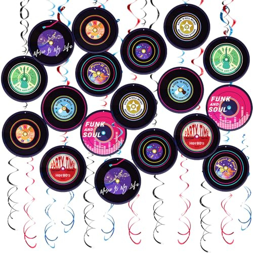 Vsosfiza 48er-Set Rock'n'Roll Schallplatten Girlanden - Musik Party Deko im Vinyl-Look (90er/50er Style) - Schwarz & Mehrfarbig