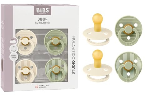 BIBS Colour Studio Soother 4-Pack, BPA Free Dummy Pacifier, Round Nipple. Natural Rubber Latex, Made in Denmark, Size 1 (0+ Months), Ivory/Sage