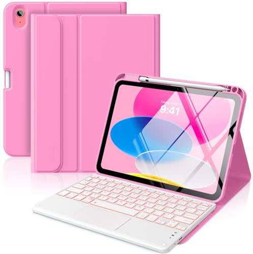 MoKo Touchpad Hülle mit Tastatur für iPad (A16) 11/10 Gen, Pfingstrose | für (11/10.9 Zoll) 2025/2022 mit Stifthalter, 7 Farben Hintergrundlicht-Magnetische Abnehmbar Bluetooth Tastatur