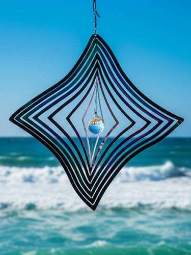 Pommerntraum ®| Edelstahlwindspiel Kristall Irisierend Regenbogenfarben | Windspiel Edelstahl Winddancer Twister Gartendeko Gartenkunst Hängewindspiel Mobile Spinner Kinetik (irisierend mit Kristall)