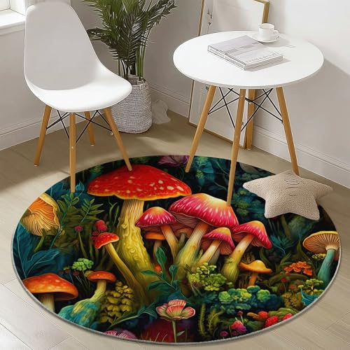 Waschbarer Teppich Rund Vintage Blumen Pflanzen Pilze Bedrucktes Motiv, 80 cm Runder Teppiche Wohnzimmer Schlafzimmer Rutschfester Teppich Kurzflor Esszimmer Büro, Bunt