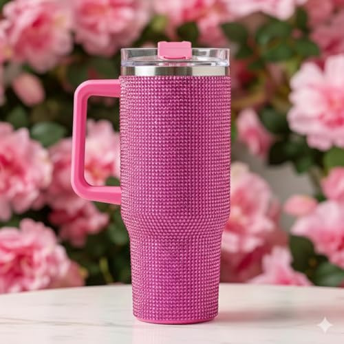Aafan Large Rhinestone Insulated Tumbler with Handle & Straw, Glitter Travel Cup for Hot & Cold Drinks, Reusable Double-Wall Bling Mug for Home, Office, Gym & Car Cup (Pink)