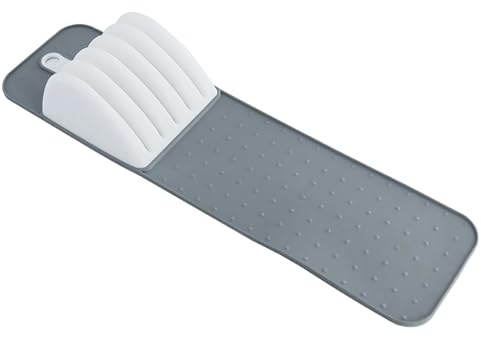 Compact Knife Organizer Tray for Drawer – 5-Slot Non-Slip Knife Holder Mat, Gray & White, Fits Drawers up to 15 in (30 cm)