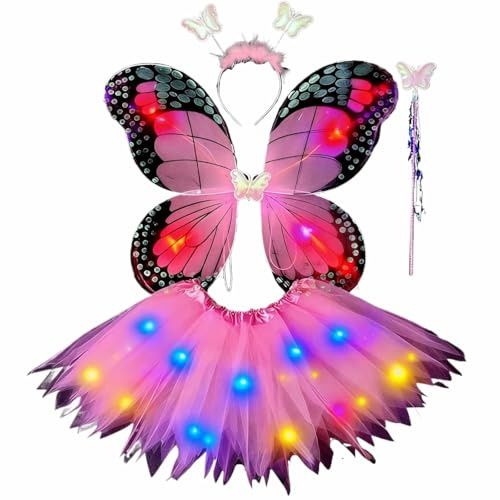schmetterlingsflügel kinder rosa, Schmetterling Kostüm Kinder Mädchen 4 Teiliges Faschingskostüme Tüllrock Flügel Zauberstab und Haarreif für Geburtstagsfeier Cosplay Karneval Feenkostüm, Rosa