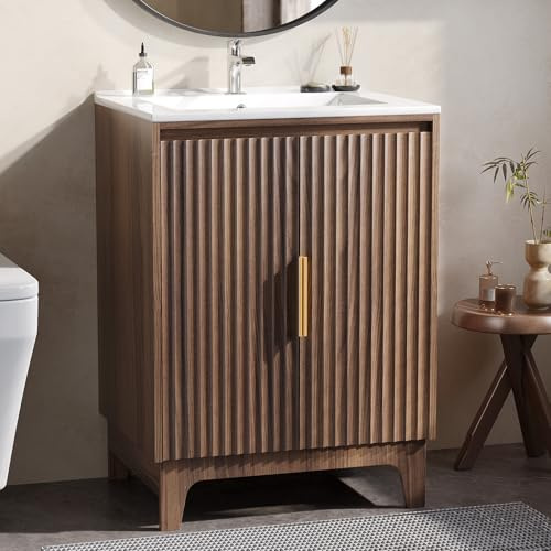 Bonnlo 24 inch Bathroom Vanity Unit with Basin, Small Under Sink Bathroom Cabinet with Slatted Door, Walnut Finish Vanity Unit with Ceramic Sink for Compact Cloakroom
