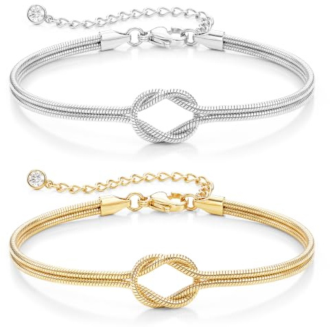FIOROYAL 2 Stück Knoten Armband Damen,Gold Silber Partner Armbänder Set | Verstellbare Schlangenkette Freundschaftsarmband Damen Männer für Partner Freunde,Weihnachten Muttertag Geschenk Geburtstag