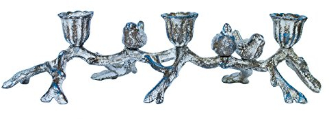 Kerzenständer Kerzenhalter mit Vögel Retro aus Metall Eisen für 3 Kerzen in blau/grau