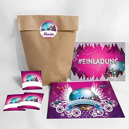 JuNa-Experten 10 Einladungskarten, Umschläge, Tüten, Aufkleber Geburtstag Hashtag/Kinder Erwachsene / #Einladung/Disco-Geburtstag incl. 10 Umschläge, 10 Party-Tüten, 10 Aufkleber