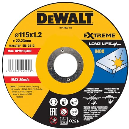 Dewalt Extreme Trennscheibe DT43903 (Ø 115mm x 1,2mm, Typ 41 (flach), Bohrung 22,23 mm, für Inox-Stahl, mit Aluminiumoxid, für den Einsatz auf Kabel- & Akku-Winkelschleifern, mit OSA-Zertifizierung)