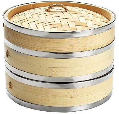 Premium 8 Inch (20.5cm) Organic Bamboo Steamer by Harcas. Small 2-Tiers with Lid. Strong, Durable and Reinforced. Best for Dim Sum, Vegetables, Meat and Fish. Hand Made