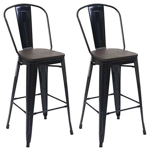Mendler 2er-Set Barhocker HWC-A73 inkl. Holz-Sitzfläche, Barstuhl Tresenhocker mit Lehne, Metall Industriedesign - schwarz