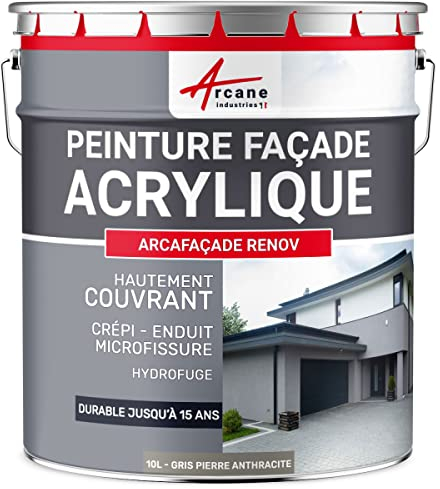 Peinture Façade - Peinture Hydrofuge Acrylique 14 couleurs - Dure jusqu'à 15 ans - 10 L (+ ou - 60 m² en 1 couche) Gris pierre - RAL 7030 - ARCANE INDUSTRIES
