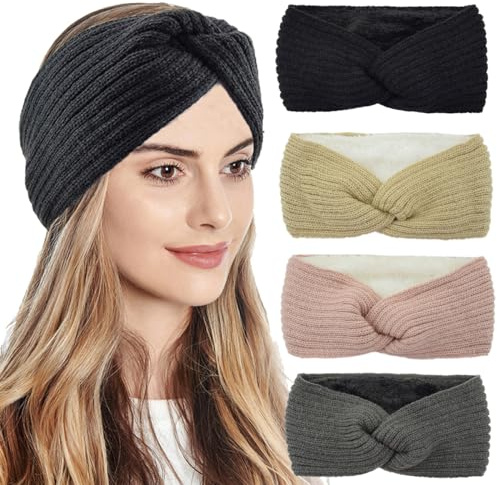 4 Pièces Bandeau Tricoté pour Femmes Bandeau d'hiver pour Filles Cache-oreilles Bandeau avec Doux Doublure Intérieure en Polaire (#5)