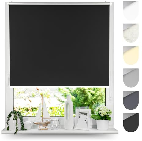 Tom'Shop Verdunkelungsrollo Klemmfix Ohne Bohren Schwarz 100cm x 150cm | Thermorollo Blackout Klemmrollo Fensterrollo Seitenzugrollo mit Klemmträger für Hitzeschutz Lichtschutz Sichtschutz