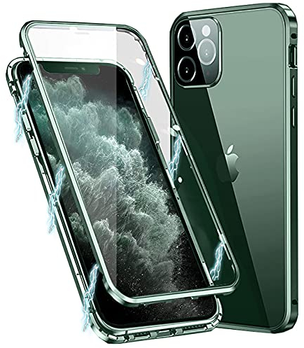 MIMGOAL Hülle für iPhone 11 Pro, Magnetische Metallrahmen Handyhülle 360 Grad Full Body Vorne hinten Gehärtetes Glas Schutzhülle Einteiliges Ultra Dünn Flip Transparente Cover,Nachtgrün