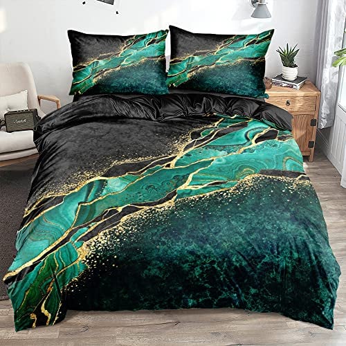 Luowei Bettwäsche 155x220 Marmor Schwarz Grün 3tlg mit 80x80 Reißverschluss Kissenbezüge, Mikrofaser