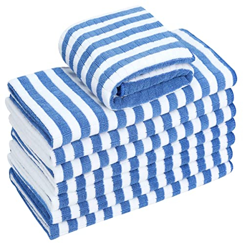 gryeer 8er-Set Microfaser Geschirrtücher, super saugfähig, weich und dick Küchentücher,Überprüfen Sie entworfen mit hängenden Schleifen, 65 x 45 cm,Blau