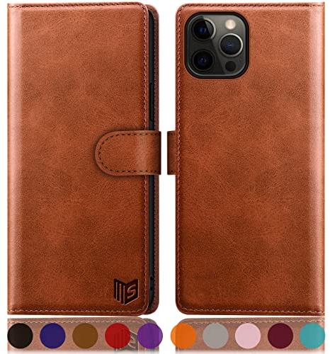 SUANPOT [RFID Schutz für iPhone 12/iPhone 12 Pro 6,1-Zoll Hülle PU Leder Handyhülle Lederhülle Klapphülle Kartenfach Flip Cover für Apple 12 Handy hülle Leather Wallet Phone Case Hellbraun