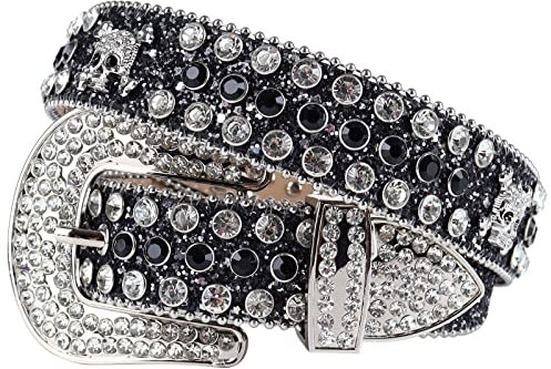 Strass-Gürtel für Männer und Frauen, Totenkopf-Western-Ledergürtel, glänzend, Cowgirl-Cowboy-Nietengürtel für Jeans, Kleider, Hosen, Schwarz Weiß, 44/31-33W