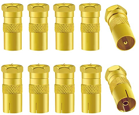 10 Stücke F-Stecker auf RF Stecker Buchse Koaxial Adapter, KUOQIY TV 9.5 5 Männlich & 5 Weiblich auf F-Typ Schraub Anschluss Stecker Konverter, F-Typ Stecker auf TV Antennenadapter, Vergoldet
