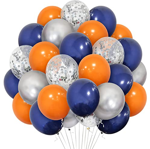 Blue Orange 30 Pcs 12 Inch Matt Navy Blue Orange Space Party Balloons - Silver Helium Latex for Boys Outer Space Theme Birthday Baby Shower Wedding Decoration
