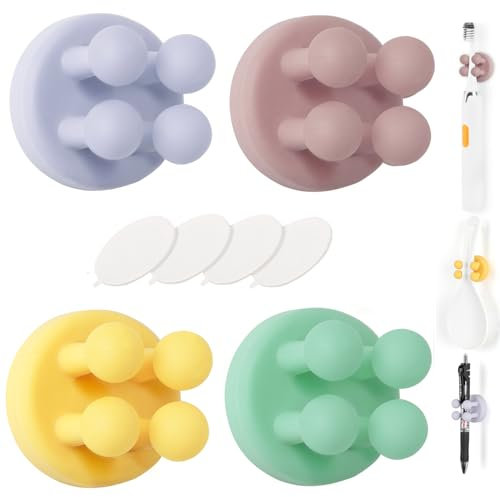 AOT 4 Stück Klebehaken Wandhaken Silikon,Haken Selbstklebend,Elastischen Kabelhalter,Schlüsselhaken,Stifthalter,Rasierer Halterung Dusche für Bad,Küche,Sekretariat(4 Farben)