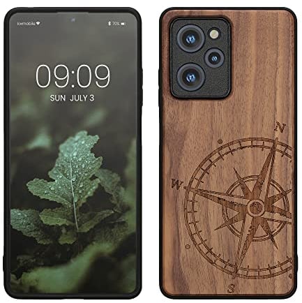 kwmobile Hülle kompatibel mit Xiaomi Poco X5 Pro 5G Hülle - Holz Case - Handy Cover - TPU Handyhülle in Dunkelbraun Kompass Vintage