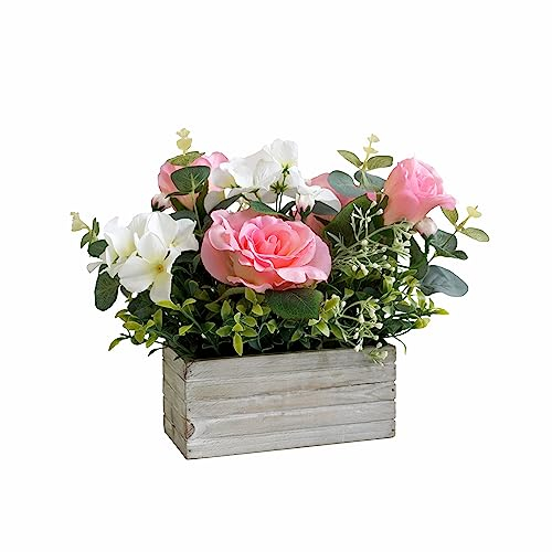 Mr.Bom Artificial Flowers Plants Fake Pink Roses Hydrangeas Floral Arrangements in Pots for Home Wedding Table Centerpieces Indoor Outdoor Decoration