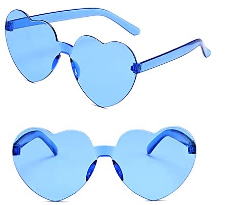 Lunettes de coeur, lunettes de soleil sans monture en forme de coeur bleu pour femmes, lunettes de coeur de fête en plastique nouveauté lunettes de soleil amusantes accessoires de coeur transparents
