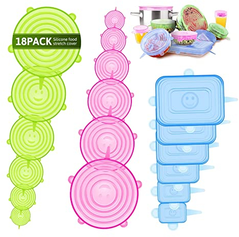 18-Teiliges Silikon Deckel Set in Blau und Pink - Wiederverwendbare Silikondeckel für Gläser - Extra Reißfeste & Dehnbare Universal Silikon Deckel - Premium Deckel für Dosen und Schüsseln