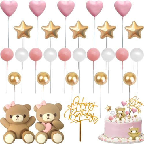 simyron Rosa Kuchen Deko Mädchen, Teddybär Kuchen Deko, Rosa Bär Deko Happy Birthday Cake Topper DIY Tortendeko Hochzeit für Valentinstag Hochzeit Hochzeitstag Geburtstag Babyparty