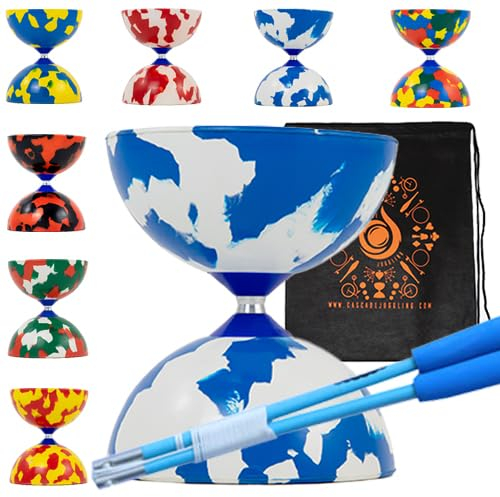 Juggle Dream Ensemble de diabolo Jester et Cascade Jester avec bâtons en fibre, corde de diabolo – Ensemble de diablo en caoutchouc de taille moyenne avec sac de transport en cascade (bleu et blanc)