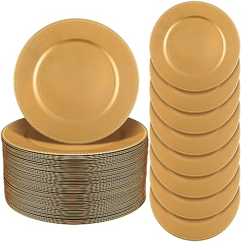 Jinei 100pcs Gold Painted Charger Plates with Beads, 13 Round Vintage Dinner Charger Plates for Dining Table, Wedding, Party