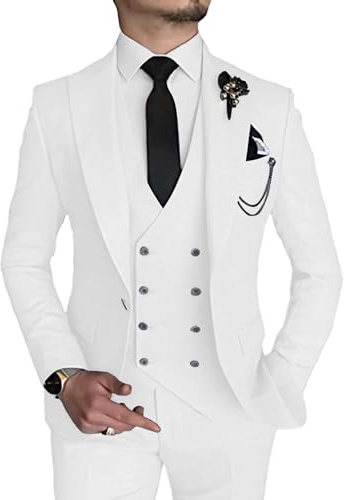 MOGU Mens 3 Piece Suit Slim Fit Tuxedo for Homecoming Wedding Prom Blazer Jacket Vest Pants Size M White