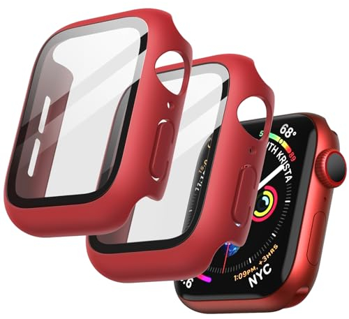 JETech Funda con Protector de Pantalla para Apple Watch SE (2022/2020) /Series 6 5 4 44 mm, Cover Protectora Completo, Película Cristal Vidrio Templado, 2 Unidades (Rojo)