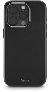 Hama Hülle für iPhone 15 Pro (Kunstleder, Metall, Handyhülle, elegante Schutzhülle für Rückseite, extra Schutz für Kamera und Display, Wireless Charging kompatibel, weich, recycelt, Handycase) schwarz