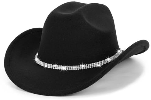 HilyBony Western-Strass-Cowboy-Cowgirl-Hut für Damen, Fedora-Jazzhut mit glitzerndem Band